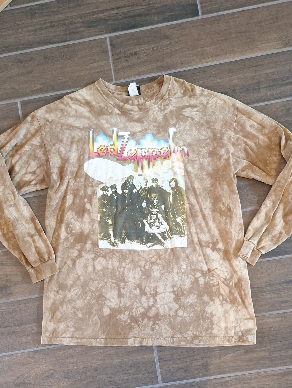 RARE Led Zeppelin Liquid Blue Brown Tie Dye Long Sleeve Tee 100% Cotton Size XL